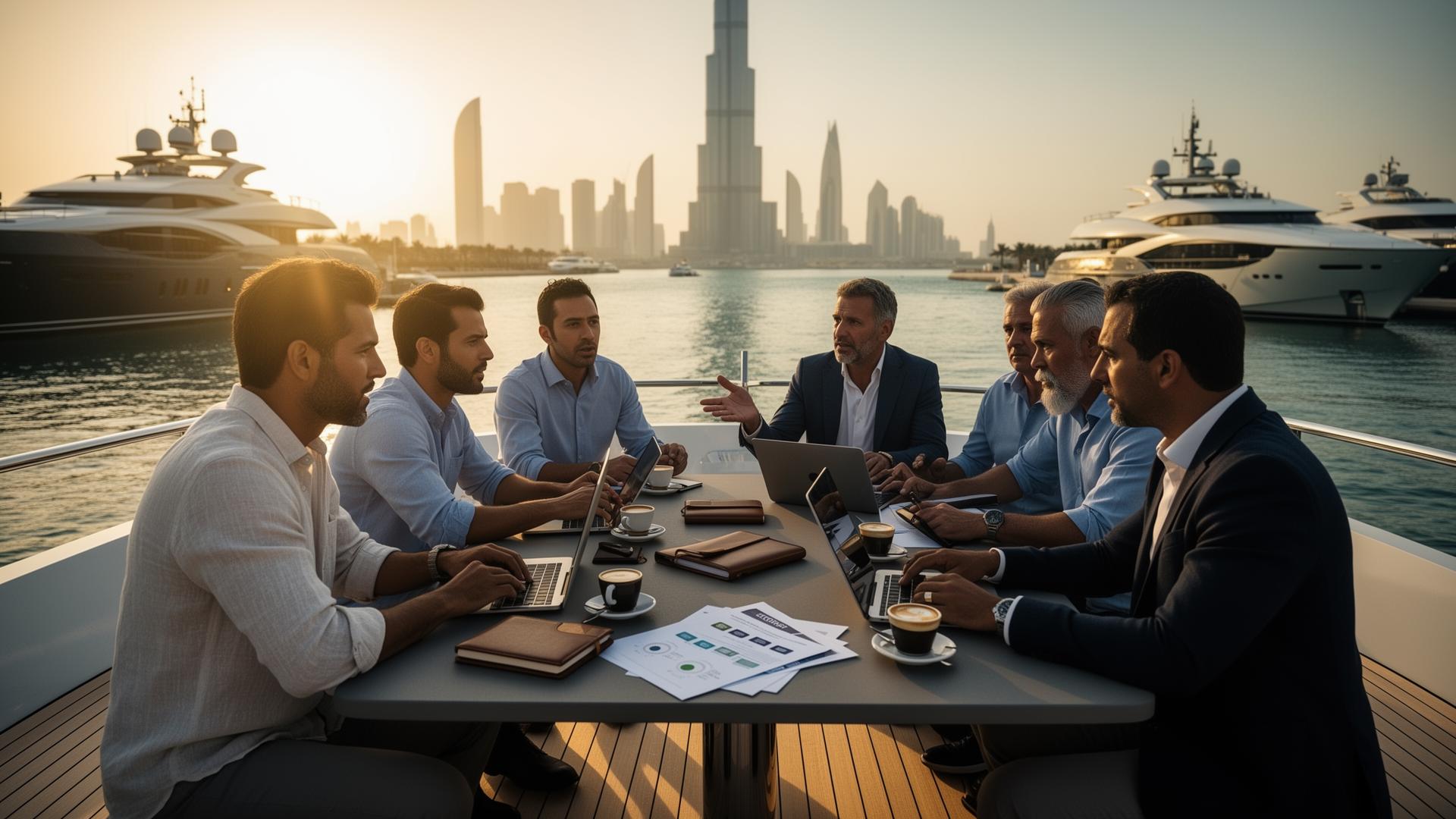 Mastermind members in a strategy session on a yacht in Dubai marina