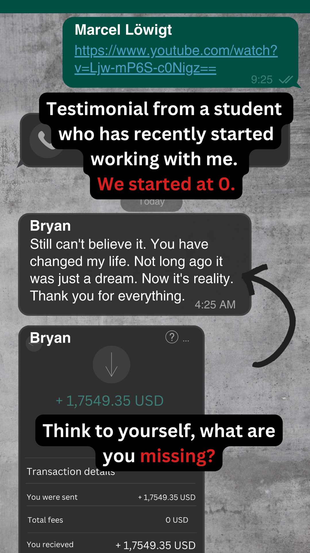 Student Bryan thanks 10XMarcel after $1,754 close