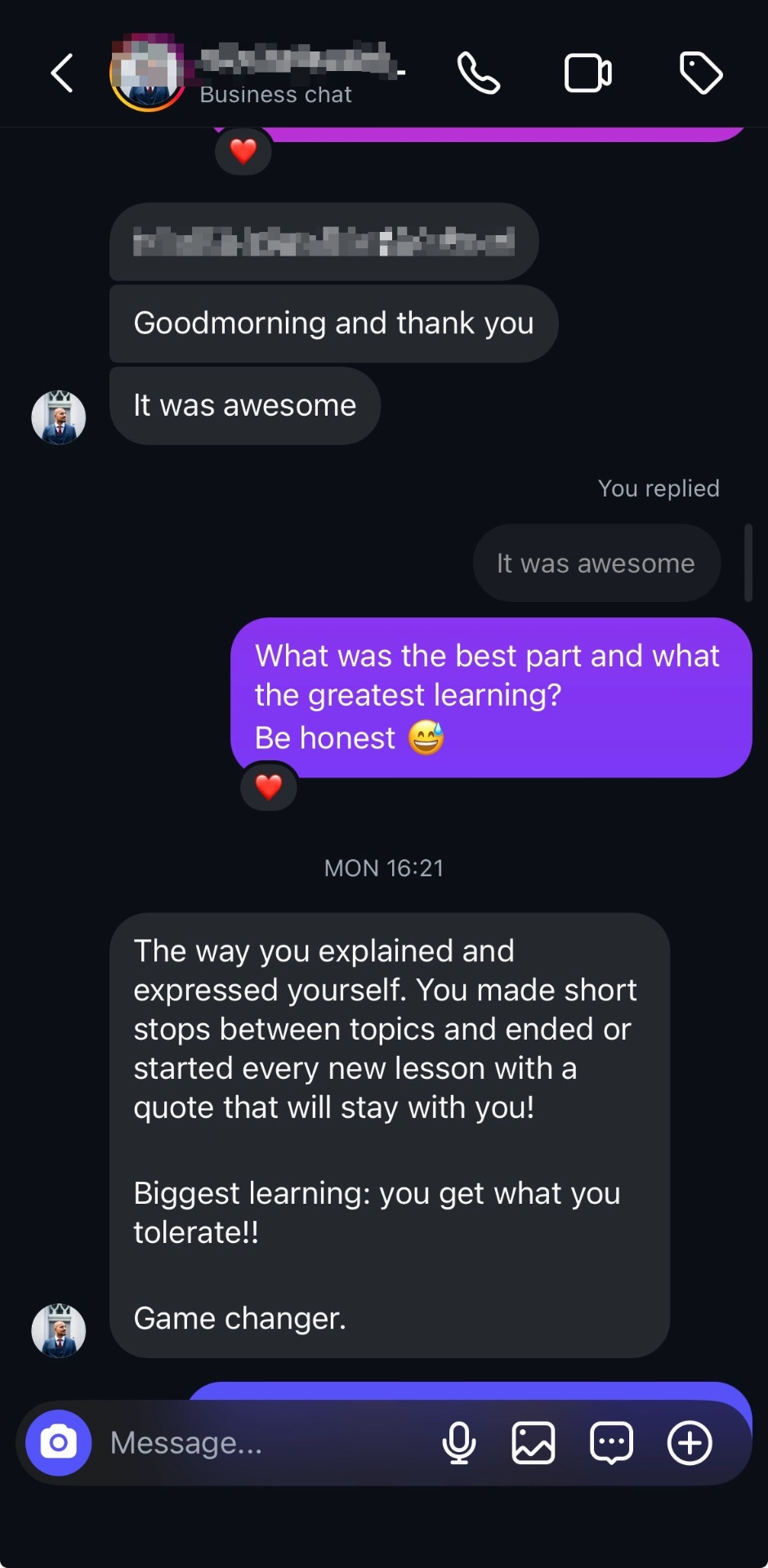 Coaching feedback for 10XMarcel — "You get what you tolerate. Game changer."