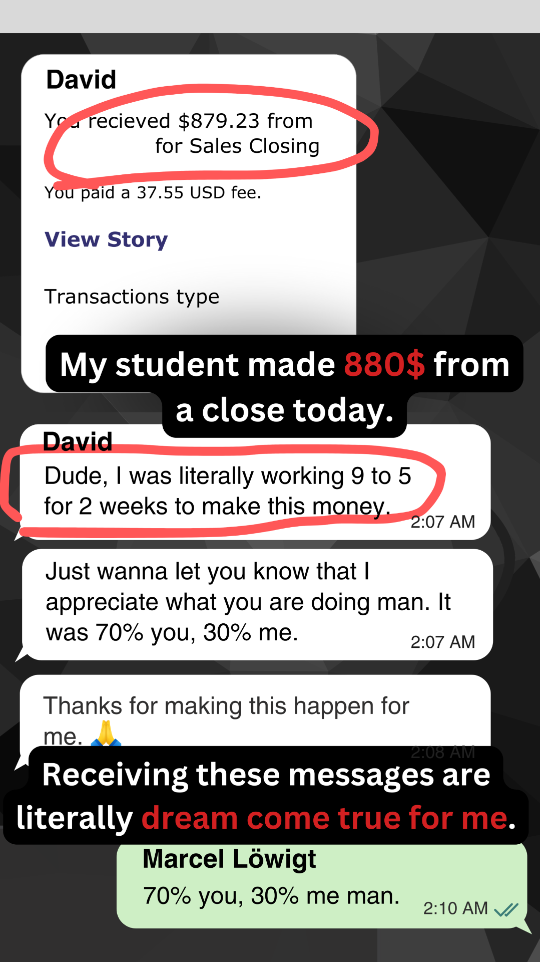 Student David made $880 from a single close with 10XMarcel — used to grind 9 to 5 for 2 weeks for that