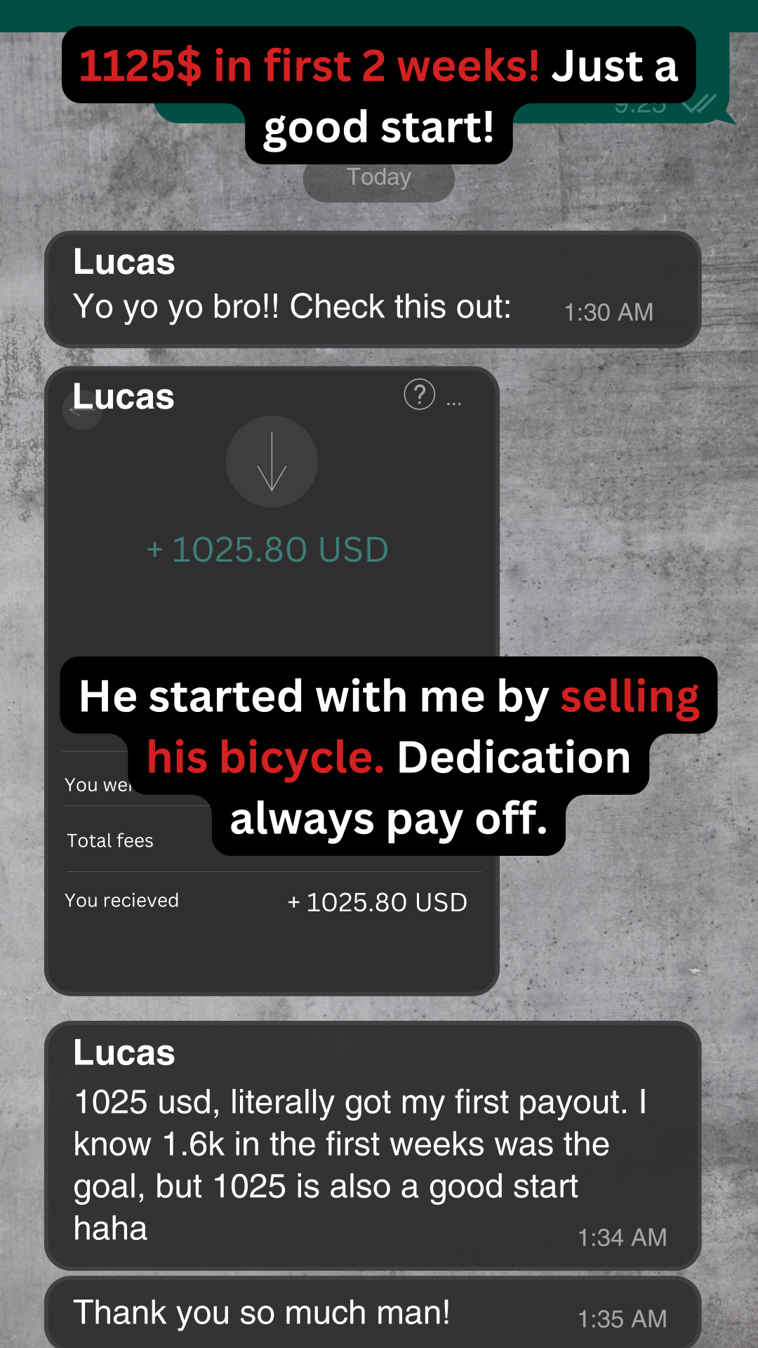 Student Lucas — $1,025 first payout, $1,125 in first 2 weeks training with 10XMarcel