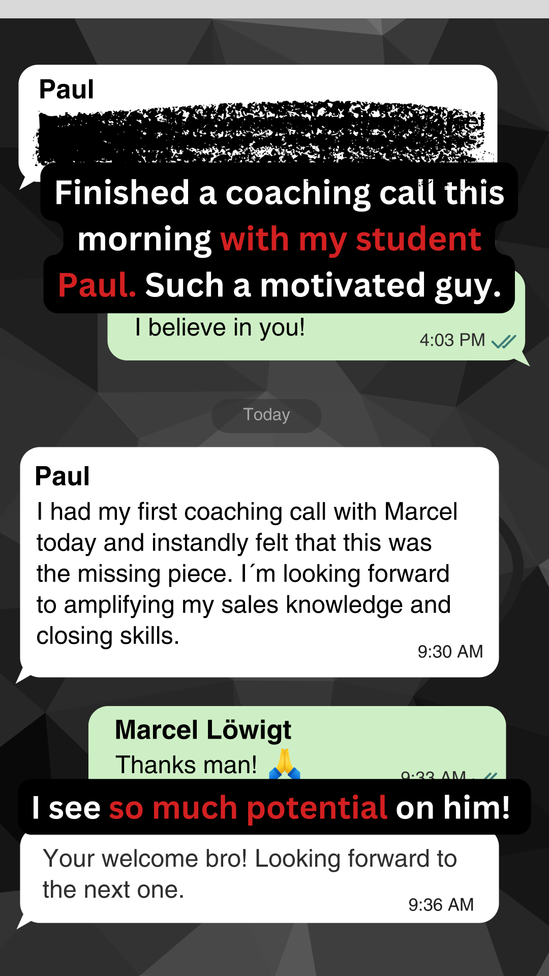 Student Paul after his first coaching call with 10XMarcel — "the missing piece"